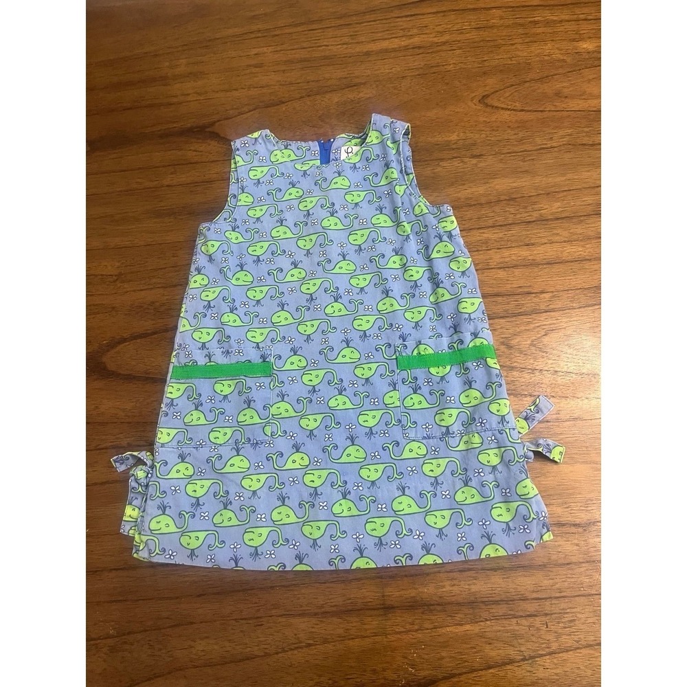 Lilly Pulitzer Girls Blue Green Whale Print Shift Dress Size 5 Side Tie Pockets